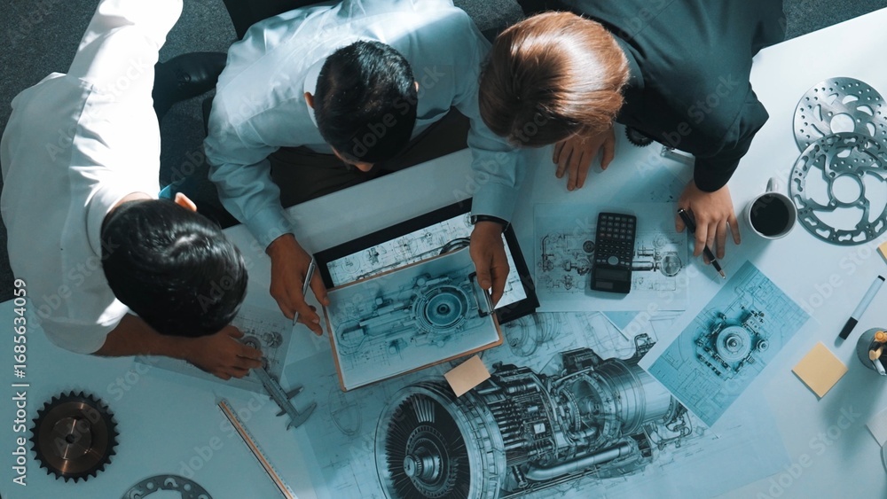 Poster top view of smart project manager sitting while colleague walking at meeting. professional engineer 