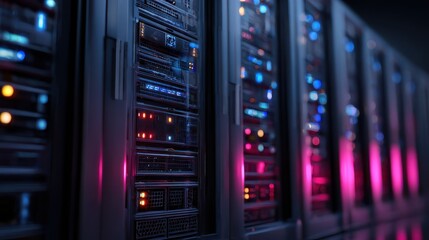 closeup server racks glowing lights