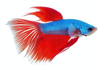 Fototapeta premium Betta fish with vibrant blue body and flowing red tail fin isolated on white background. Colorful aquatic pet with elegant movement and striking detail.