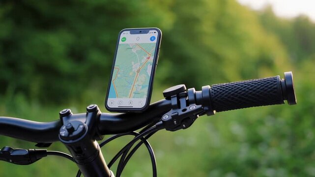 Navigation app displayed on a smartphone securely mounted on bicycle handlebars provides real time directions and guidance for cyclists exploring new routes or commuting in urban environments