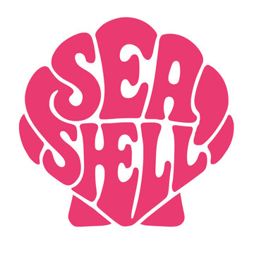 Large pink seashell illustration with text "SEA SHELL" design  