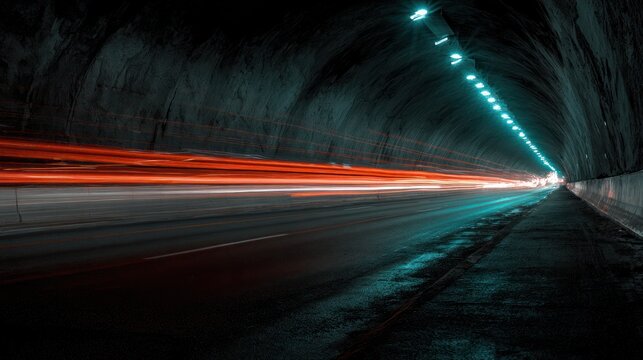 Tunnel with light streaks from passing traffic, illuminated by overhead lights
