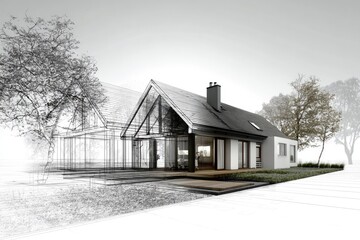 Architectural design of a modern house with sketch overlay.