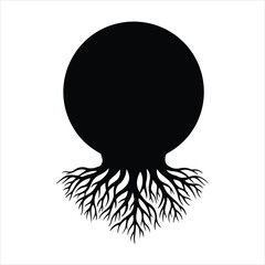 Black silhouette of a globe with intricate roots below symbolizing nature growth and foundation
