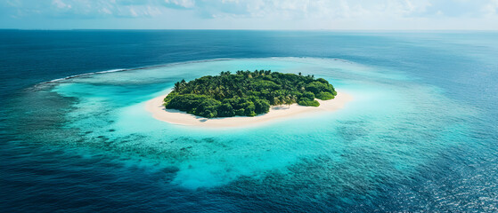 Aerial View of Tropical Island Paradise: Serene Beach, Blue Ocean, and Lush Coastal Landscape