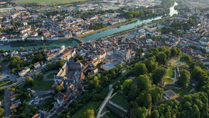 Aerial of the old town around the city Château-Thierry in France on a sunny day in late summer.