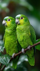 Fototapeta premium Two Green Amazon Parrots Perched on a Branch in Lush Rainforest