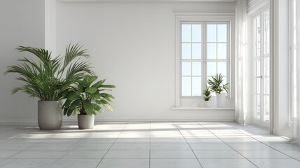 Bright, sunlit room with large plants, a grid window, and sheer curtains