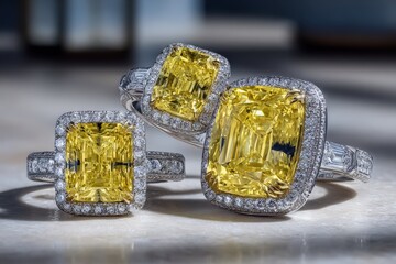 Exquisite collection of yellow diamond rings displayed elegantly on a smooth surface