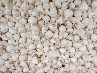 A close-up shot of fresh organic garlic bulbs, a healthy and raw spice, displayed at a market