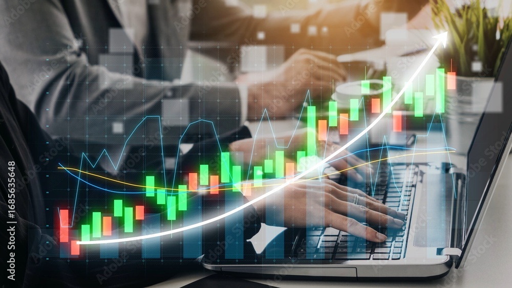 Poster a dynamic business scene showcasing a team working on financial data and stock market trends with ch