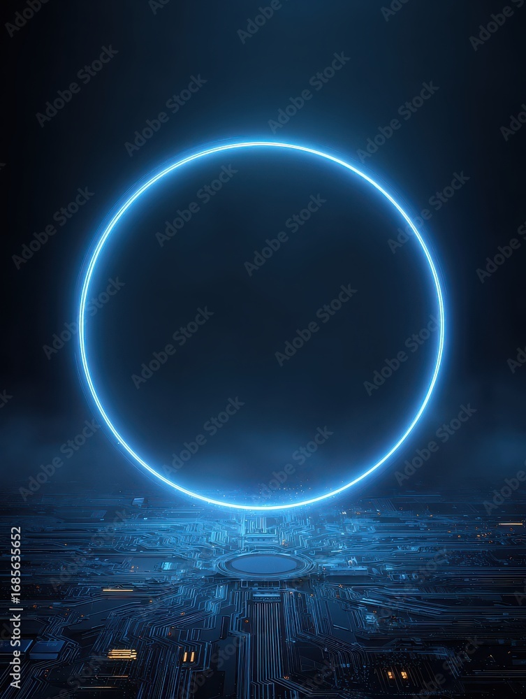 Poster neon light blue circle portal with electronics elements and wires are on a futuristic technology cir