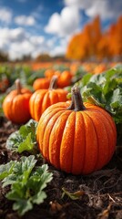 Obraz premium Vibrant Orange Pumpkins in a Field Ready for Harvest Season