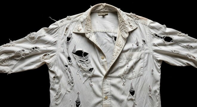Extremely torn and distressed white shirt, symbolising resilience and hardship