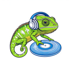Obraz premium DJ Chameleon with Headphones