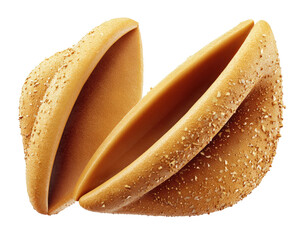 Two halves of a light golden-brown, shell-shaped confection, open, revealing a smooth, light beige interior.  A sprinkle of light golden-brown crumbs/seeds is visible on the exterior