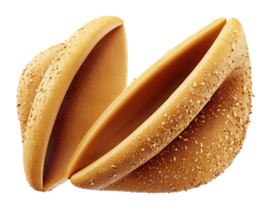 Two halves of a light golden-brown, shell-shaped confection, open, revealing a smooth, light beige interior.  A sprinkle of light golden-brown crumbs/seeds is visible on the exterior