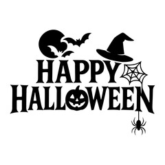 Vector happy halloween with bats moon witch hat spider web and pumpkin in black silhouette