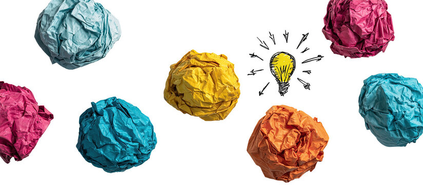 Crumpled colorful paper balls against a black background, a lightbulb in the center