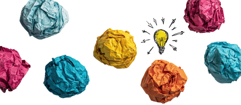 Crumpled colorful paper balls against a black background, a lightbulb in the center