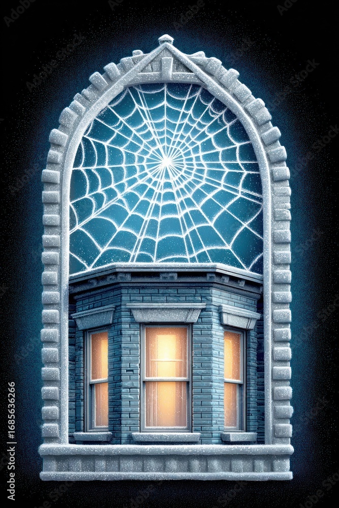 Poster a window framed in stone features a large spider web against a night sky while light glimmers from i