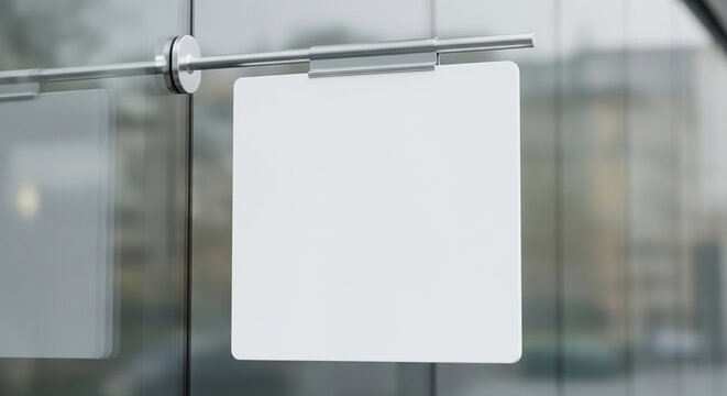 A blank white square sign hanging on a glass door with a metal bar.