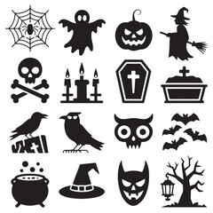 Collection of black halloween icons and symbols featuring spooky elements for festive decorations and designs