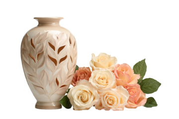 Beige ceramic vase with pastel roses