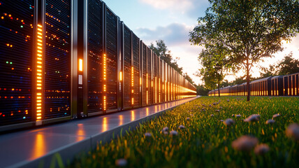 Illuminated Server Racks in a Serene Outdoor Setting at Sunset