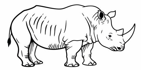 Fototapeta premium Illustration of a rhinoceros with thick skin and a prominent horn in a black and white outline style on transparent background