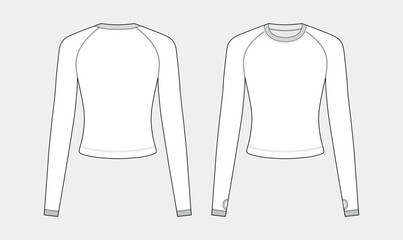 women's closefitting crop top sketch, raglen round neck, long sleeve, front and back view, fashion drawing vector illustration