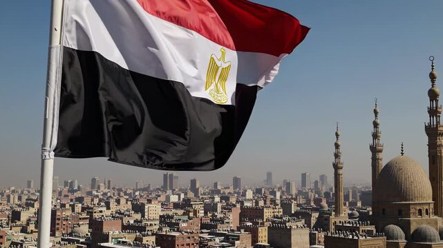 A vibrant Egyptian flag flutters in the wind against the backdrop of Cairo's bustling skyline, showcasing historic mosques and modern buildings during daylight