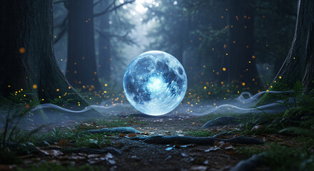 A mystical glowing blue orb resembling a moon rests on the mossy forest floor amidst ethereal mist and sparkling light.