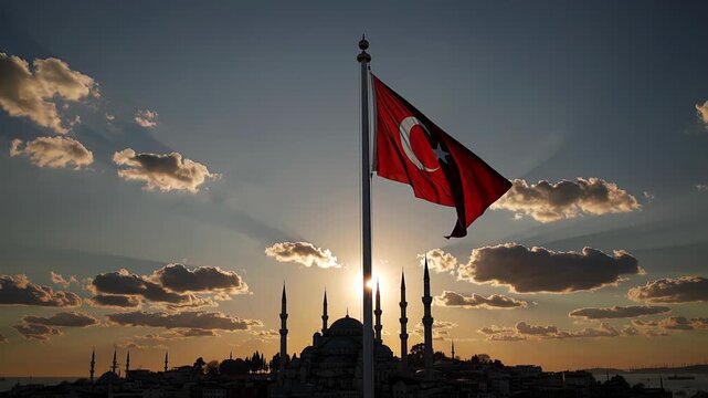 The vibrant Turkish flag stands tall against a stunning sunset, illuminating the skyline of Istanbul with minarets and clouds creating a breathtaking view