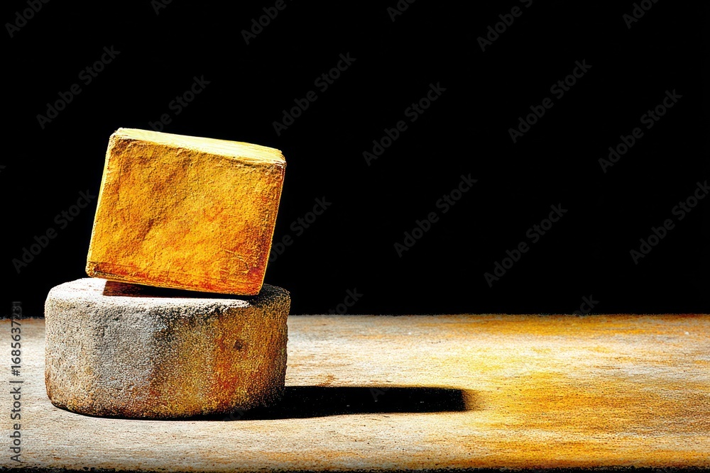 Poster a yellow block rests atop a gray stone, highlighting the interplay of light and shadow in a dark set