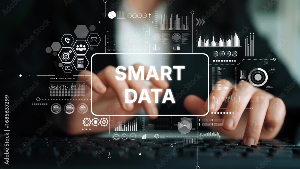 Poster hands typing on keyboard with smart data overlay and digital graphics for technology and analytics c