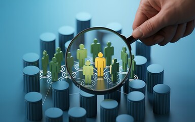 Hand holding magnifying glass focusing on key employee within network; 3D render, blue tone, professional mood.