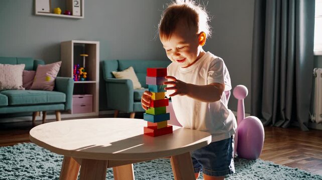 Child joyfully stacking colorful blocks on a table in a sunlit room, showcasing playful creativity and developmental growth through engaging activity