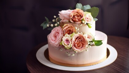 elegant cake adorned with fresh roses and delicate flowers