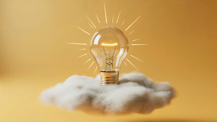 Golden glow emanates from bright lightbulb on cloud with smooth background. For conceptual posters, branding, presentations.