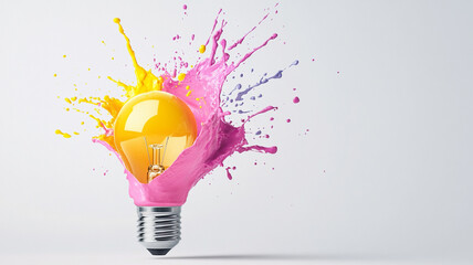 A Lightbulb Exploding With Vibrant Pink, Yellow, and Purple Paint Splashes An Image Representing Creativity and Innovation