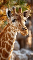 Obraz premium Portrait of a Young Giraffe with Beautiful Eyes and Spotted Pattern