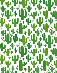 Simple, repeating pattern of stylized cacti on a white background
