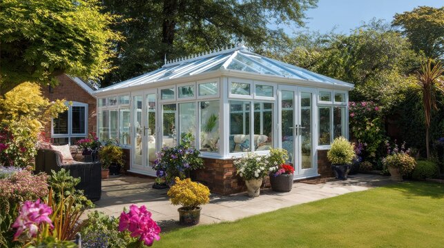 contemporary white upvc conservatory with glass panels and garden view