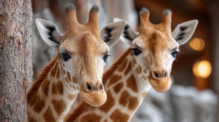 Obraz premium Two Giraffes Close-Up Portrait with Brown and White Spotted Pattern