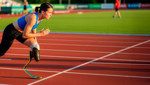 Confident focused young athlete with prosthesis ready to run - Powered by Adobe