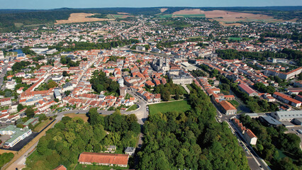Aerial of the old town around the city Verdun in France on a sunny day in late summer.