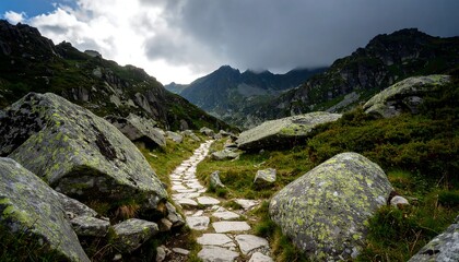 Mountain path winding through rocky terrain