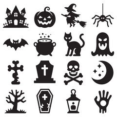 Obraz premium Collection of classic black and white halloween icons including a haunted house pumpkin witch spider bat cauldron cat ghost and more