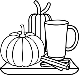 Continuous Single Line Drawing of a Cozy Fall Still Life, Autumn Coffee Cup and Pumpkin Line Art, Cozy Fall Scene One Line Sketch, Minimalist Autumn Still Life Illustration